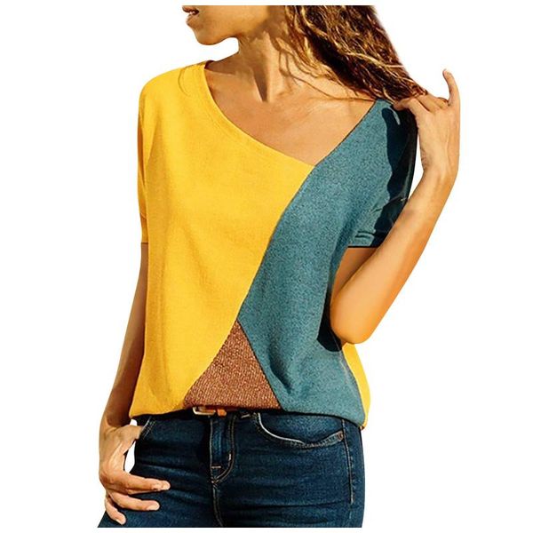 women's casual t-shirt summer loose color block patchwork asymmetrical neck short-sleeved leisure, White
women's casual t-shirt summer loose color block patchwork asymmetrical neck short-sleeved leisure, White