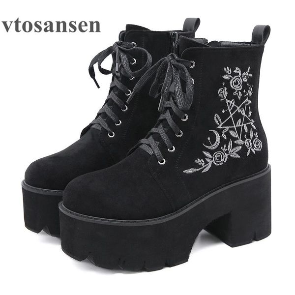 boots gdgydh fashion flower platform chunky punk suede leather womens gothic shoes nightclub lace up back zipper high quality, Black 
boots gdgydh fashion flower platform chunky punk suede leather womens gothic shoes nightclub lace up back zipper high quality, Black