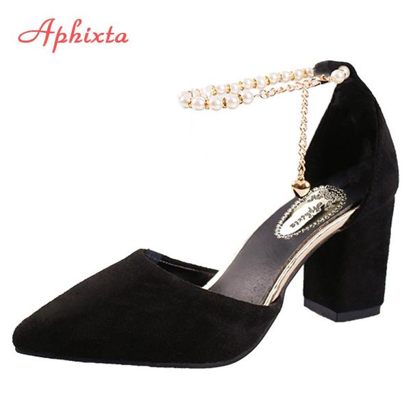 aphixta 2021 women pumps sandals high heel summer pointed toe pearl string bead wedding shoes party ladies big size43, Black