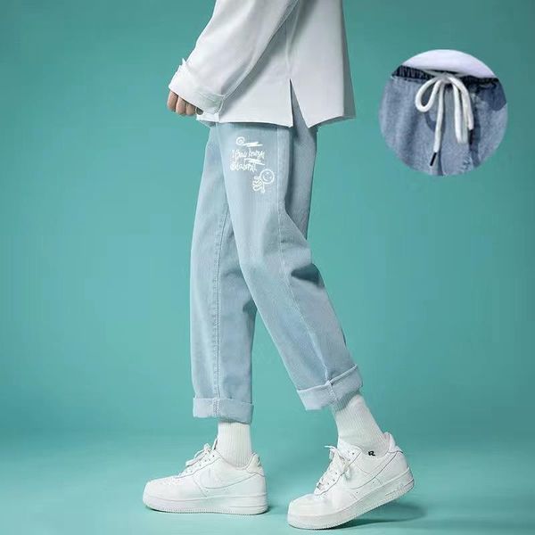 men's jeans 2021 spring and autumn hong kong style elastic waist trendy wide leg pants student casual straight cropped, Blue
men's jeans 2021 spring and autumn hong kong style elastic waist trendy wide leg pants student casual straight cropped, Blue