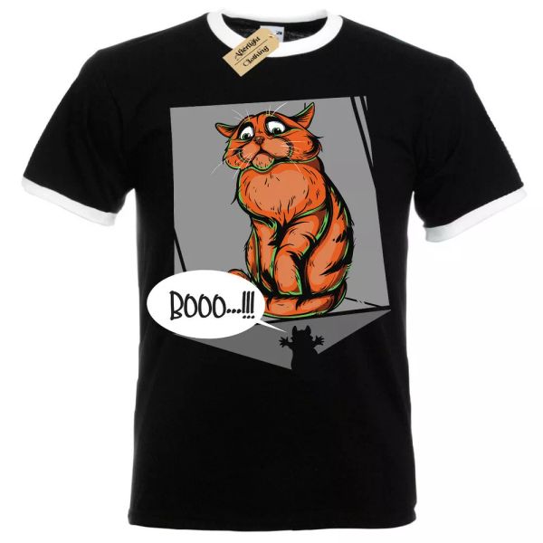 boo scaredy cat funny t-shirt mens ringer, White;black