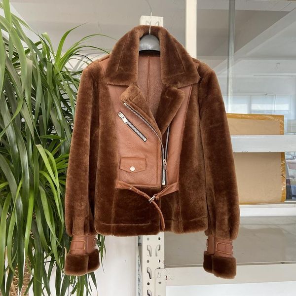 women's fur & faux gu.seemio sheep shearling lambskin lady's warm jacket original female double faced, Black
women's fur & faux gu.seemio sheep shearling lambskin lady's warm jacket original female double faced, Black