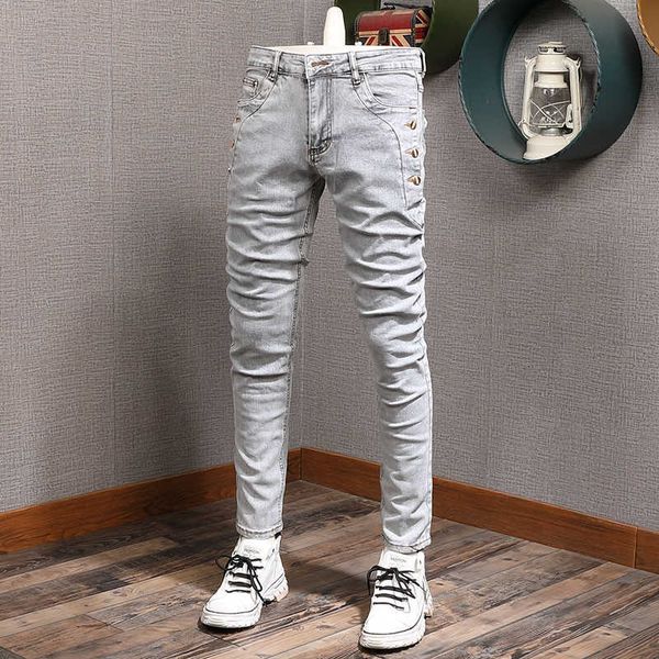 men's jeans streetwear casual trousers light gray fashion designer elastic slim fit punk korean style denim pencil pants 5t7b, Blue
men's jeans streetwear casual trousers light gray fashion designer elastic slim fit punk korean style denim pencil pants 5t7b, Blue