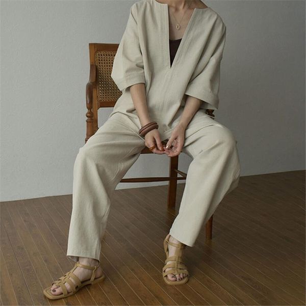 elegant linen two piece set womens pants vintage loose suits casual solid half sleeve v neck and high waist, White
elegant linen two piece set womens pants vintage loose suits casual solid half sleeve v neck and high waist, White