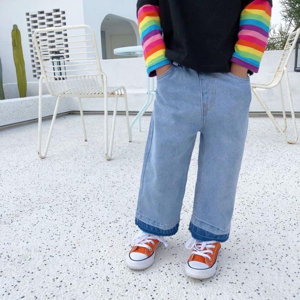 jeans spring fashion girls gradient color straight leg kids wide loose casual denim pants, Blue 
jeans spring fashion girls gradient color straight leg kids wide loose casual denim pants, Blue