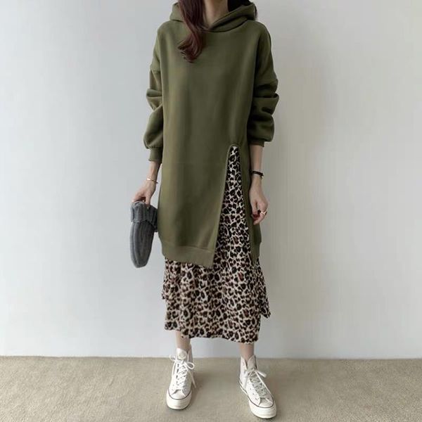 retro hooded long dress women fall winter loose leopard patchwork sweater dresses female all match 2021 casual, Black;gray
retro hooded long dress women fall winter loose leopard patchwork sweater dresses female all match 2021 casual, Black;gray