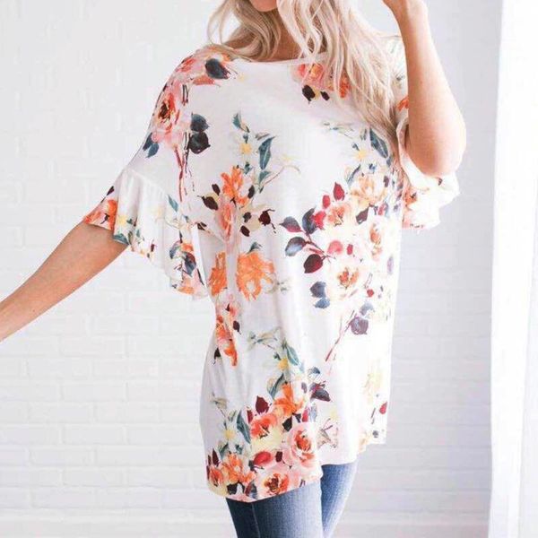 fashion floral print ruffles blouse loose o-neck tunic casual summer ladies female women short sleeve blusas pullover women's blous, White 
fashion floral print ruffles blouse loose o-neck tunic casual summer ladies female women short sleeve blusas pullover women's blous, White