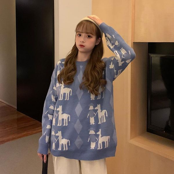 women's sweaters autumn loose college style cartoon jacquard sweater knitted long-sleeved pullover cute women, White;black
women's sweaters autumn loose college style cartoon jacquard sweater knitted long-sleeved pullover cute women, White;black
