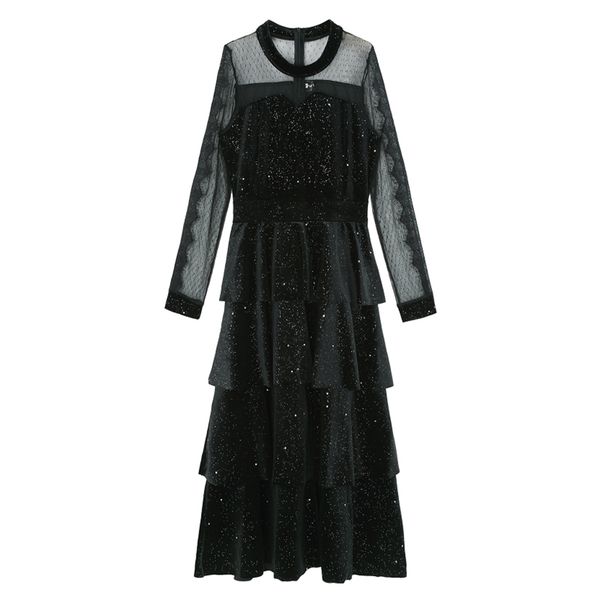 women black velvet patchwork sequined mesh evening party dresses long sleeve cascading ruffle midi dress d2215 210514, Black;gray
women black velvet patchwork sequined mesh evening party dresses long sleeve cascading ruffle midi dress d2215 210514, Black;gray