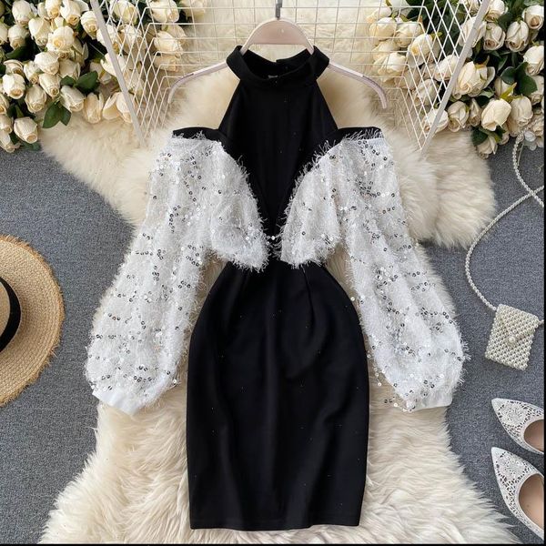 womens dresses korean halter off shoulder bling sequins tassels long sleeve patchwork slim dress female vestidos pl496, Black;gray
womens dresses korean halter off shoulder bling sequins tassels long sleeve patchwork slim dress female vestidos pl496, Black;gray