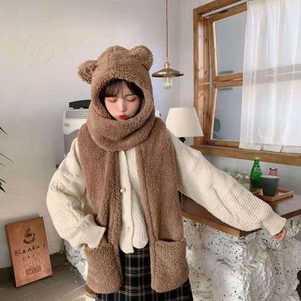 caps & hats 3 in 1cute bear ear hat scarf gloves set winter women novelty warm casual plush solid fleece girl kawaii gift, Yellow 
caps & hats 3 in 1cute bear ear hat scarf gloves set winter women novelty warm casual plush solid fleece girl kawaii gift, Yellow