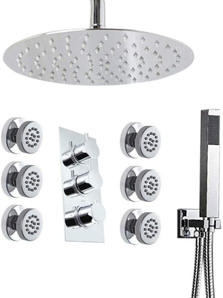 thermostatic led 16"round shower faucet with 6 body sprays bathroom system hand shower, square fixed head sets
thermostatic led 16"round shower faucet with 6 body sprays bathroom system hand shower, square fixed head sets