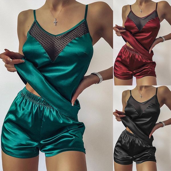 women spring and summer pure color satin pajamas home wear suspender shorts two piece suit for women's sleepwear, Black;red
women spring and summer pure color satin pajamas home wear suspender shorts two piece suit for women's sleepwear, Black;red