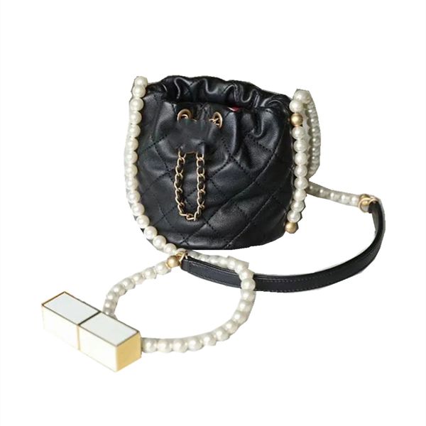 leather bag women spring and summer new pearl chain bucket lingge single shoulder messenger
