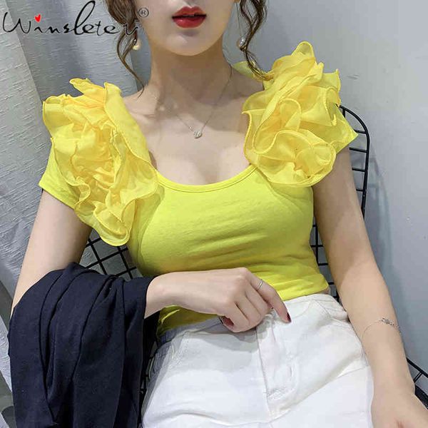 women's t-shirt summer european style cotton solid fashion ruffles slim elegant women back all match tees 2021 t13920a u, White
women's t-shirt summer european style cotton solid fashion ruffles slim elegant women back all match tees 2021 t13920a u, White