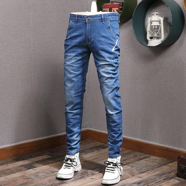 men's jeans fashion retro elastic slim fit ripped printed designer hip hop casual pencil pants, Blue
men's jeans fashion retro elastic slim fit ripped printed designer hip hop casual pencil pants, Blue