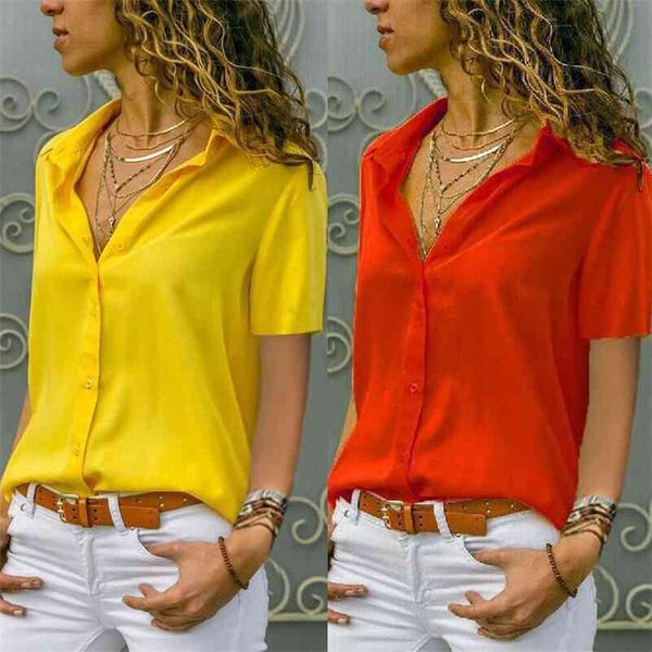 women solid white blouse office lady work chiffon button summer short sleeve yellow red female blouse plus size shirts 210401
women solid white blouse office lady work chiffon button summer short sleeve yellow red female blouse plus size shirts 210401