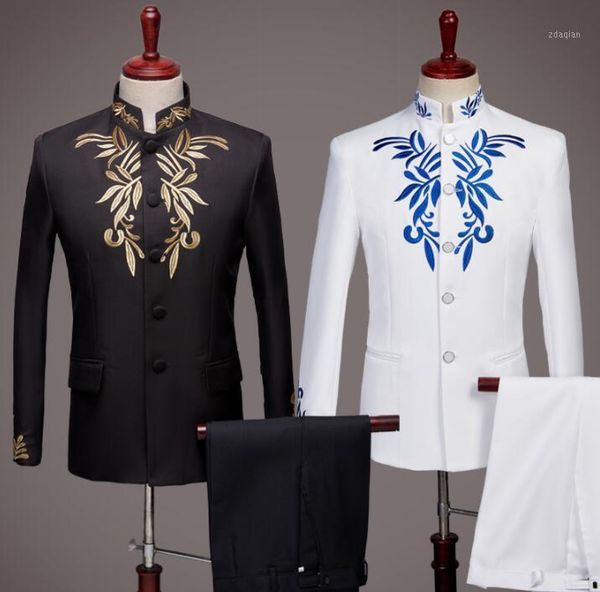 men's suits & blazers embroidery blazer men chinese tunic suit set with pants mens wedding costume singer star style stage clothing for, White;black
men's suits & blazers embroidery blazer men chinese tunic suit set with pants mens wedding costume singer star style stage clothing for, White;black