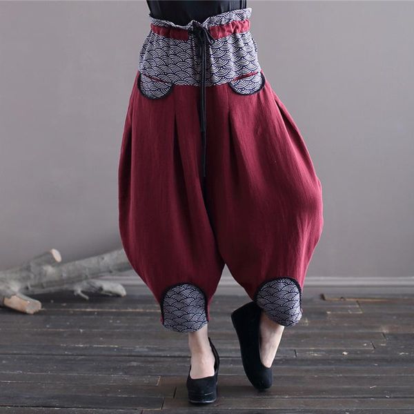 women's pants & capris women chinese style baggy haram ramie loose patchwork trouser 2021 elastic waist vintage pockets drop crotch lan, Black;white 
women's pants & capris women chinese style baggy haram ramie loose patchwork trouser 2021 elastic waist vintage pockets drop crotch lan, Black;white