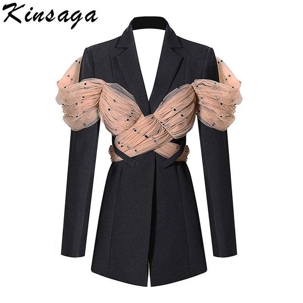 women's suits & blazers fashion patchwork polka dot mesh long black blazer women backless notched sleeve female bow tie clothing, White;black
women's suits & blazers fashion patchwork polka dot mesh long black blazer women backless notched sleeve female bow tie clothing, White;black