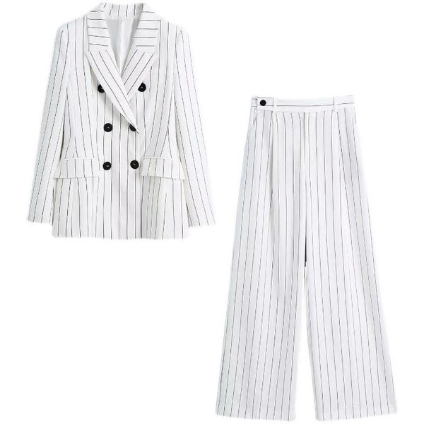women's two piece pants professional suit 2-piece spring 2021 fashion double-breasted ladies jacket high waist wide leg trousers, White
women's two piece pants professional suit 2-piece spring 2021 fashion double-breasted ladies jacket high waist wide leg trousers, White