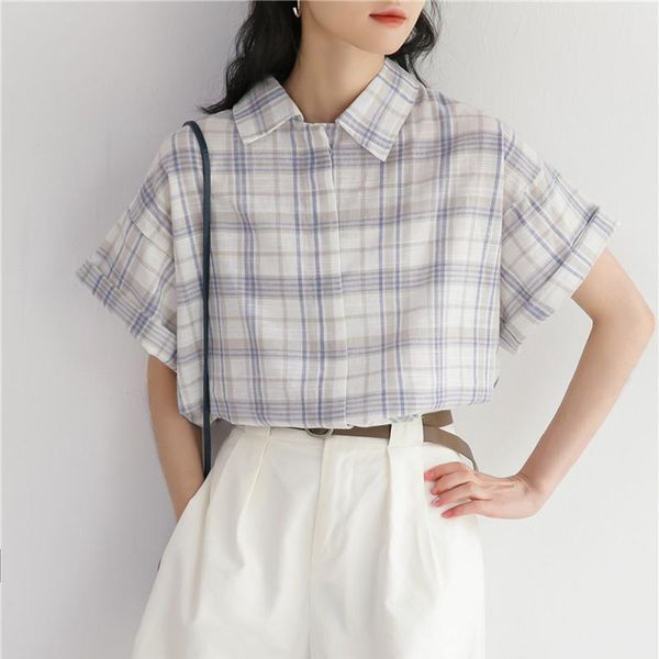 women's blouses & shirts hzirip 2021 summer french retro turn-down coll short shirt open stitch button plaid blouse temperament all-mat, White
women's blouses & shirts hzirip 2021 summer french retro turn-down coll short shirt open stitch button plaid blouse temperament all-mat, White