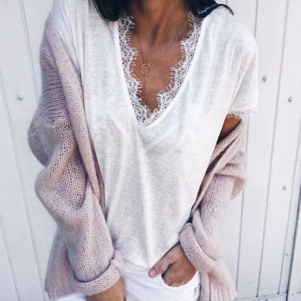 women's blouses & shirts arrival womens casual short sleeve loose lace and elegant basic harajuku tee shirt femme v neck blusa feminin, White
women's blouses & shirts arrival womens casual short sleeve loose lace and elegant basic harajuku tee shirt femme v neck blusa feminin, White