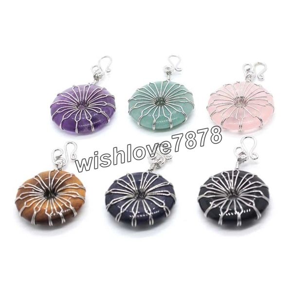 round healing natural stone pendant charms for necklace charm flower wire wrap reiki crystal quartz pendulum women girl fashion jewelry, Bronze;silver