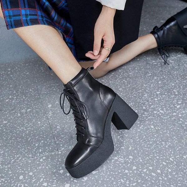 high heel 8.5 cm ankle boots thick bottom cow leather platform shoe square toe lace-up women for fashion show, Black
high heel 8.5 cm ankle boots thick bottom cow leather platform shoe square toe lace-up women for fashion show, Black