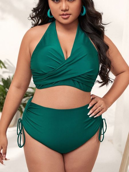 plus ruched drawstring side bikini swimsuit f5pe#, Black
