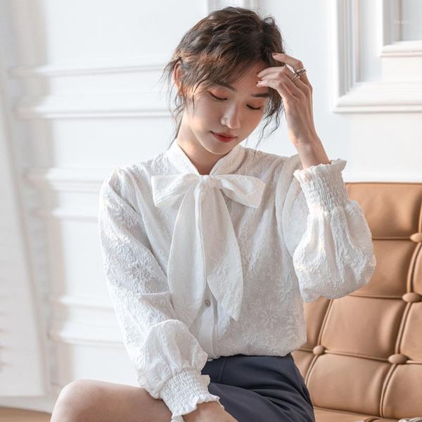 women's blouses & shirts bowknot neck long sleeved solid cotton dobby sweet blouse women clothing, White
women's blouses & shirts bowknot neck long sleeved solid cotton dobby sweet blouse women clothing, White