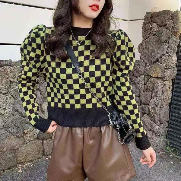 women's sweaters korean puff sleeve hit color plaid pullover knitwear autumn women knitted causal 2021 short 6x805, White;black
women's sweaters korean puff sleeve hit color plaid pullover knitwear autumn women knitted causal 2021 short 6x805, White;black