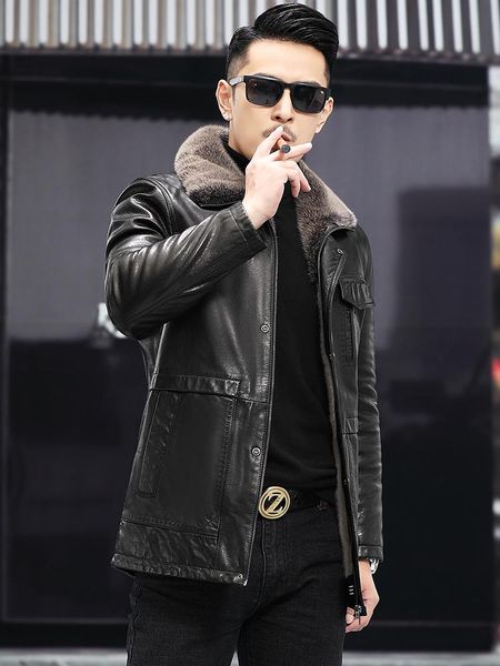 men's leather & faux mid-length whole mink thickened liner lapel layer oil wax sheepskin stylish winter bomber jacket men clothing, Black
men's leather & faux mid-length whole mink thickened liner lapel layer oil wax sheepskin stylish winter bomber jacket men clothing, Black