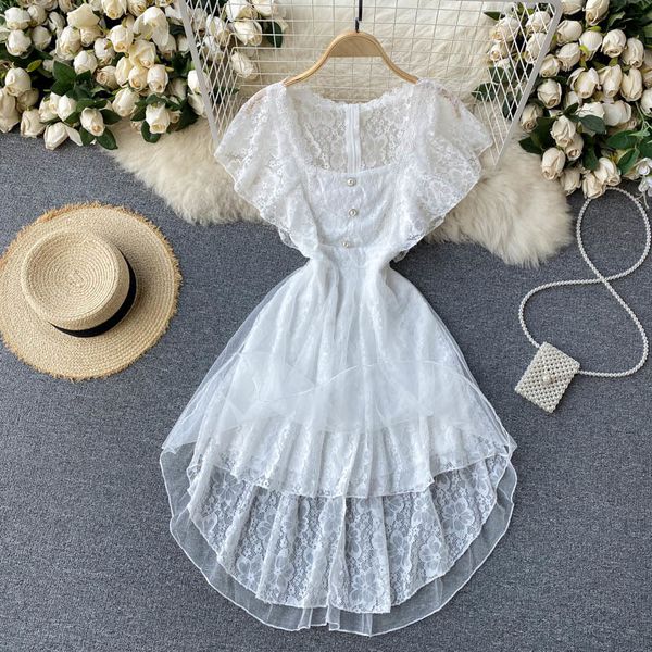 two piece dress new chic mesh lace fairy women summer elegant square collar butterfly sleeve pearl buttons slim irregular mini es, White
two piece dress new chic mesh lace fairy women summer elegant square collar butterfly sleeve pearl buttons slim irregular mini es, White