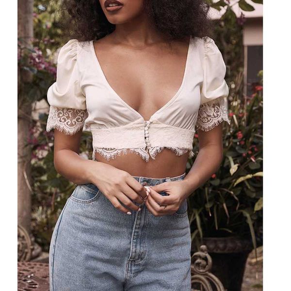 women's t-shirt nightclub lace puff sleeve 2021 summer slim solid color fashion v collar cardigan temperament female navel, White
women's t-shirt nightclub lace puff sleeve 2021 summer slim solid color fashion v collar cardigan temperament female navel, White