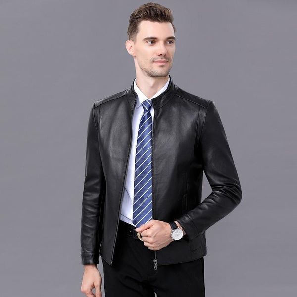 men's leather & faux jacket for middle-aged and elderly people's head layer sheepskin standing collar short, Black
men's leather & faux jacket for middle-aged and elderly people's head layer sheepskin standing collar short, Black