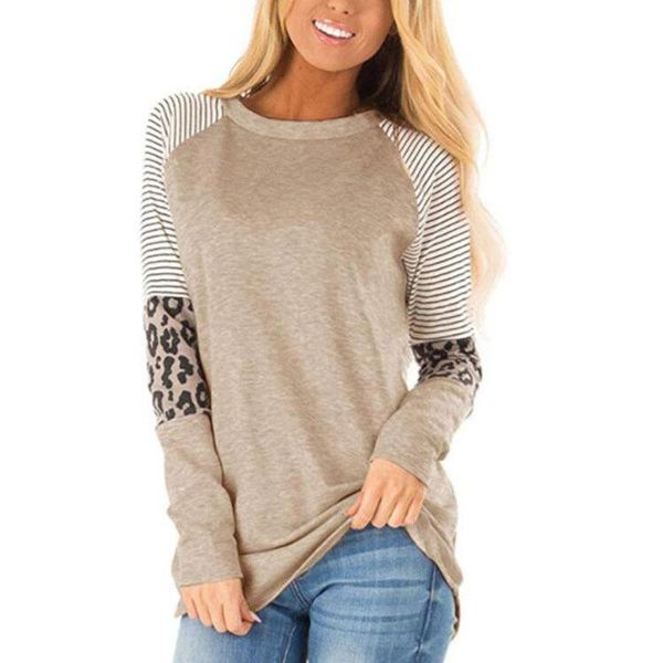 women's t-shirt autumn leopard print color-blocking striped round neck loose long-sleeved, White
women's t-shirt autumn leopard print color-blocking striped round neck loose long-sleeved, White