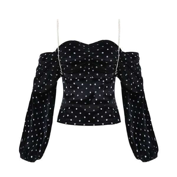 women velvet slash neck strap long sleeve cold shoulder polka dot short cropped b0410 210514, White
women velvet slash neck strap long sleeve cold shoulder polka dot short cropped b0410 210514, White