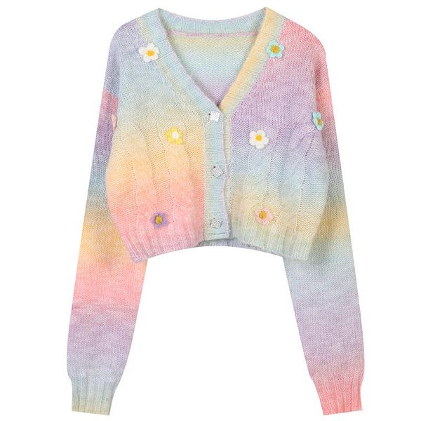 women's knits & tees women sweater cardigans rainbow v-neck knit crop long sleeve floral striped 2021 autumn winter casual streetw, White 
women's knits & tees women sweater cardigans rainbow v-neck knit crop long sleeve floral striped 2021 autumn winter casual streetw, White