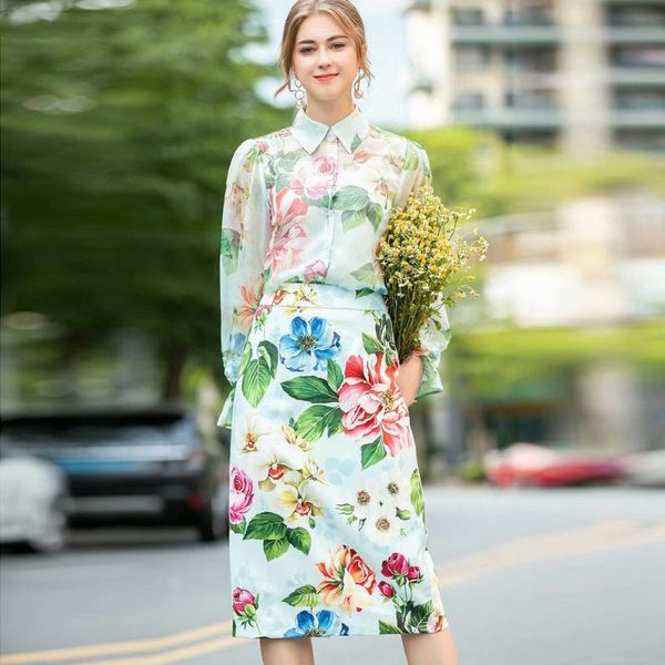 spring fashion floral print sets flare sleeve turn-down collar shirt + midi pencil skirt two-piece two piece dress, White 
spring fashion floral print sets flare sleeve turn-down collar shirt + midi pencil skirt two-piece two piece dress, White