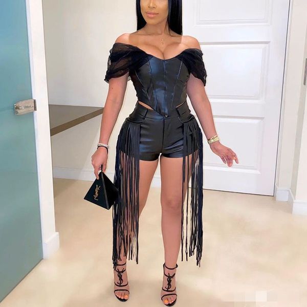 women off shlouder pu short and skinny shorts set two piece punk suits tassels detail party clubwear, White;black
women off shlouder pu short and skinny shorts set two piece punk suits tassels detail party clubwear, White;black