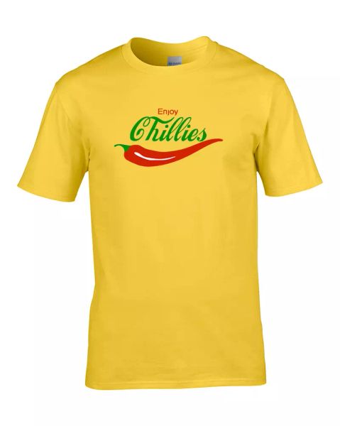 enjoy chillis- famous cola brand parody men's t-shirt, White;black