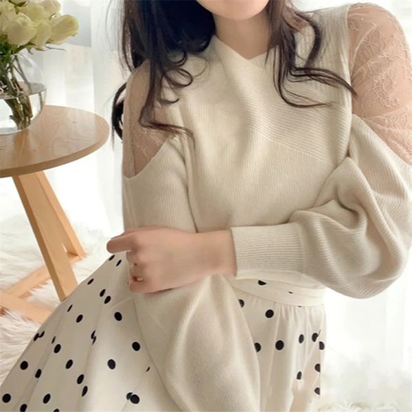 spring irregular design woman sweaters lace hollow out patchwork pullover fashion elegant soft knitted 210519, White;black 
spring irregular design woman sweaters lace hollow out patchwork pullover fashion elegant soft knitted 210519, White;black