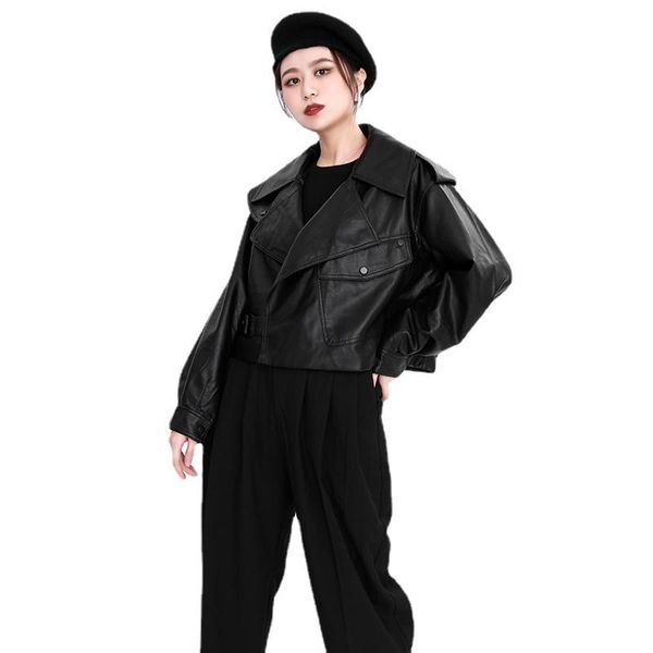 women's leather & faux loose fit pu red short big size jacket coat lapel long sleeve fashion tide spring autumn 2021 clothing, Black
women's leather & faux loose fit pu red short big size jacket coat lapel long sleeve fashion tide spring autumn 2021 clothing, Black