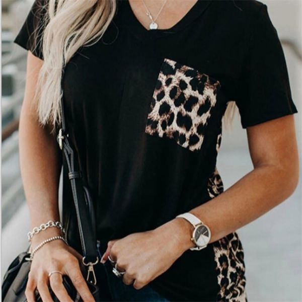 women's t-shirt short sleeve 2021 summer loose v-neck leopard pattern stitching knitted 256s, White