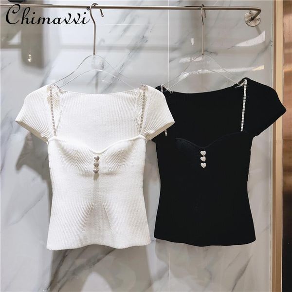 early spring solid color tube women chain strap small heart buckle short sleeve slimming t-shirt simple clothing women's, White
early spring solid color tube women chain strap small heart buckle short sleeve slimming t-shirt simple clothing women's, White