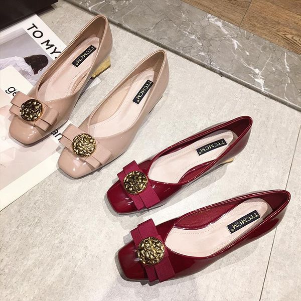 spring patent leather medium heel red wedding shoes bow square head shallow mouth four seasons thick dress, Black
spring patent leather medium heel red wedding shoes bow square head shallow mouth four seasons thick dress, Black