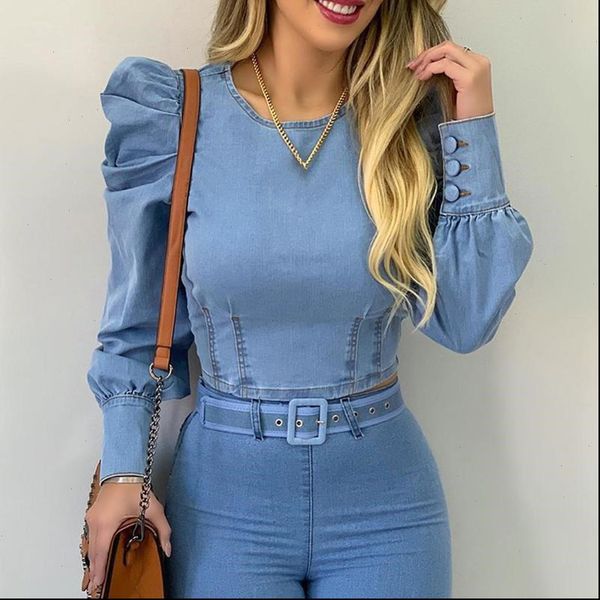 fashion spring autumn womens shirts round neck puff sleeve corset long blue denim shirt, White
fashion spring autumn womens shirts round neck puff sleeve corset long blue denim shirt, White