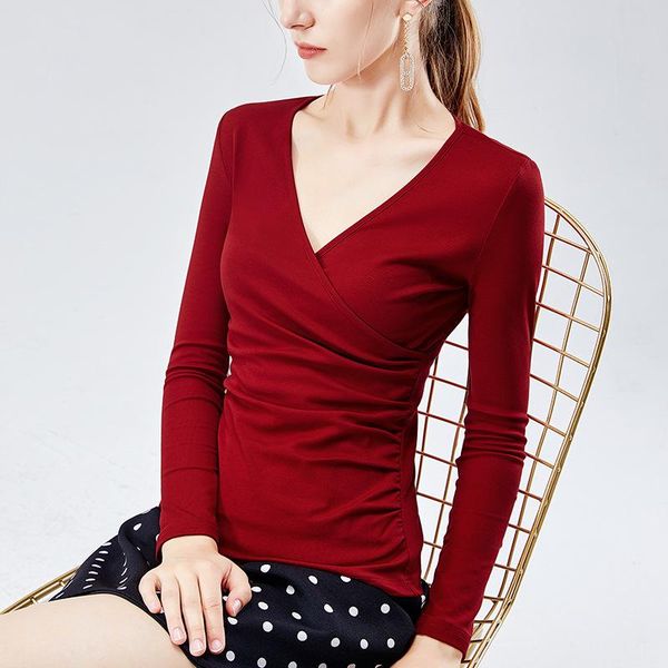 women's t-shirt design sense long sleeve smart cross v-neck bottom with elastic waist tight, White
women's t-shirt design sense long sleeve smart cross v-neck bottom with elastic waist tight, White