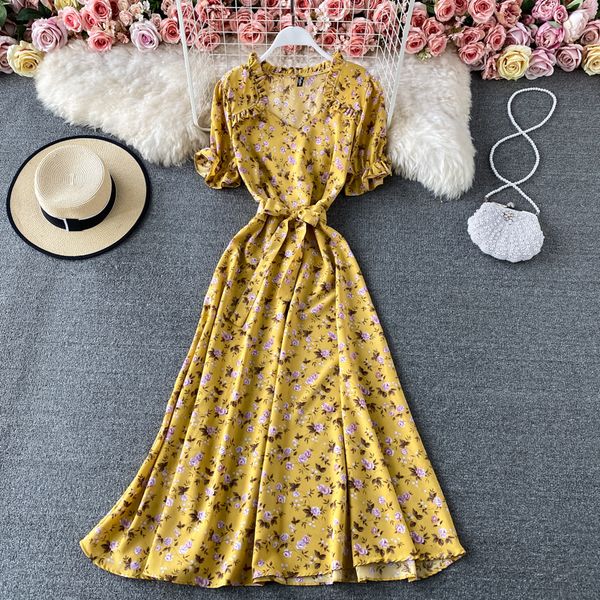 summer elegant retro floral chiffon dress puff sleeves waist slin large swing long short ruffles beach 210420, Black;gray
summer elegant retro floral chiffon dress puff sleeves waist slin large swing long short ruffles beach 210420, Black;gray